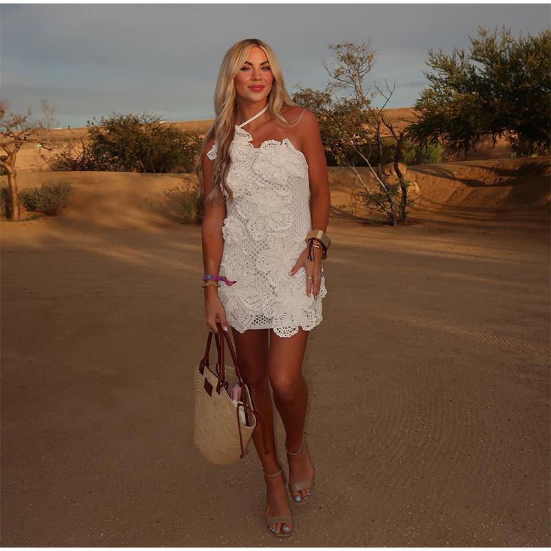 Knitted 3D Flowers Single Shoulder Women Mini Dress Slim Halter Beach Summer Holiday Female Short Robes