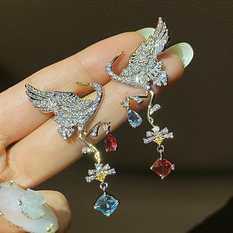 2022 креативные ювелирные изделия, цветные серьги-капли с кристаллами циркона и птицей, женские преувеличенные серьги-подвески, винтажные модные ювелирные изделия для банкетов