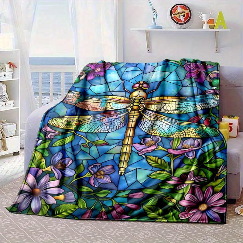 Stained Glass Dragonfly Garden Blanket Flannel Blanket for bed, sofa, Camping, Hiking, Picnic Essentials, gift for family Fan gifts
