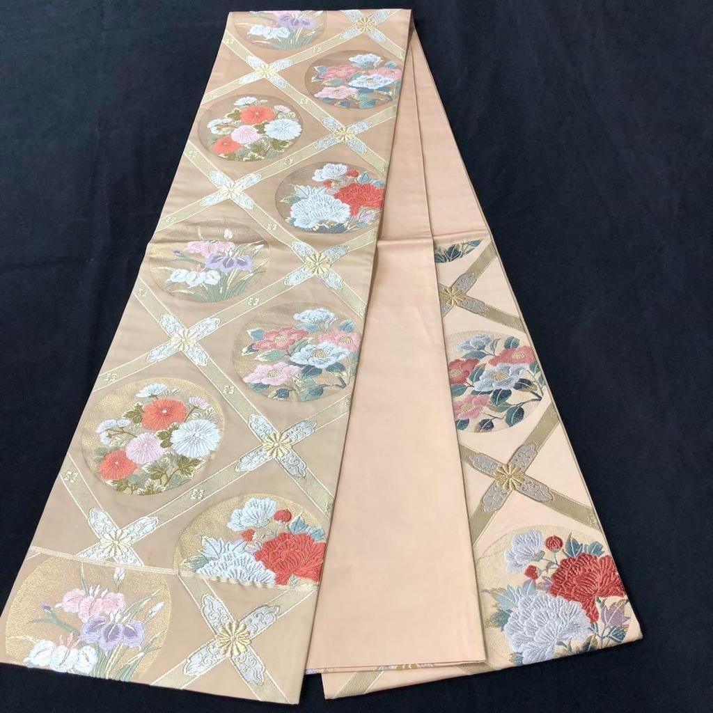 Used SO-208 Fukuro Obi Six Pieces Flower Pattern Seasonal Gold Thread Silver Thread