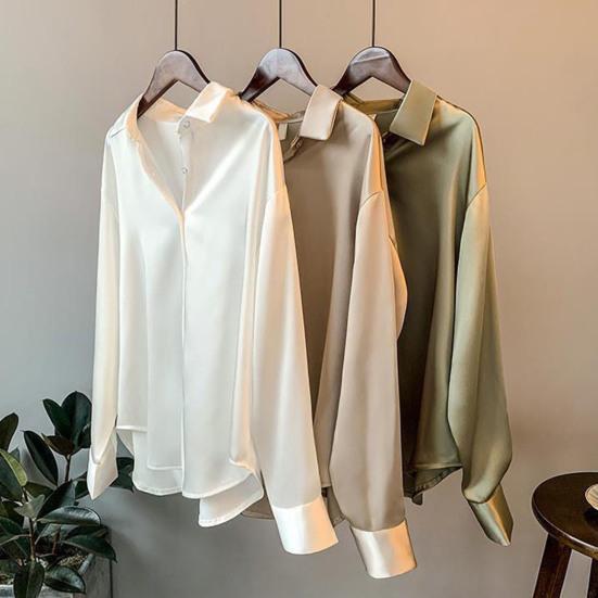 Women Shirt Lapel Long Sleeve Single Breasted Shirt Tops Solid Color Smooth Satin Loose Fit Versatile Shirt
