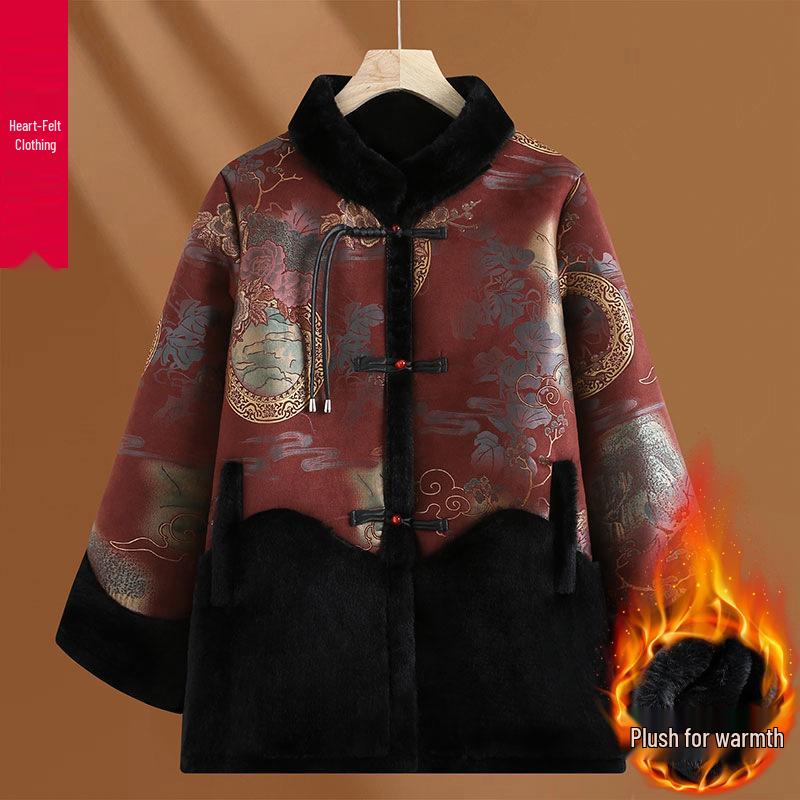 Зимние пальто для женщин среднего и пожилого возраста: Подбитый мехом костюм Тан с застежками-лягушками для мам и бабушек