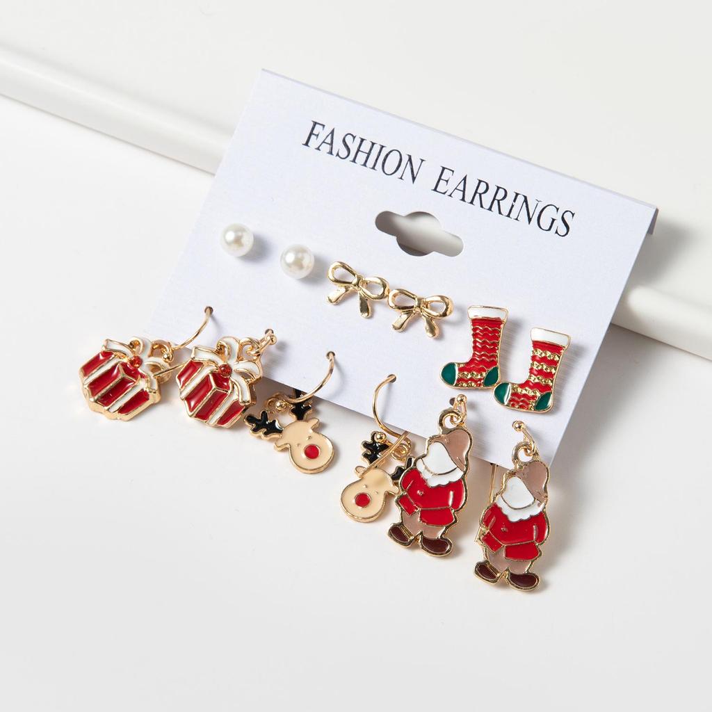 Santa Claus & Christmas Tree Drip Oil Earrings Set - 6 Pieces