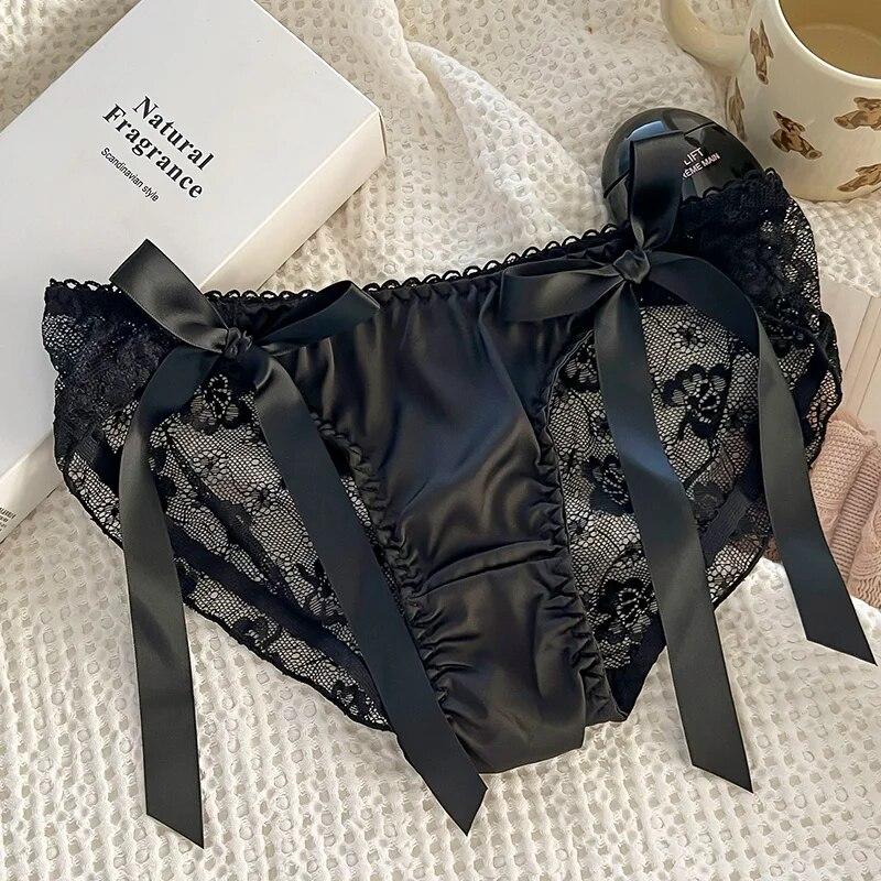 Ladies Sexy Mesh Panties Mid-waist Seamless Lace Underwear Briefs Japanese Style Young Girl Underwear Pink Bow Lingerie