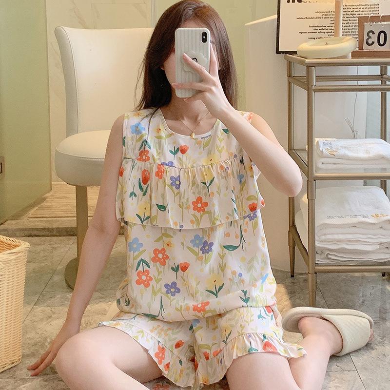 Anti-bumping pajamas women's summer ultra-thin cotton and silk summer vest shorts sleeveless set cool cotton silk loungewear