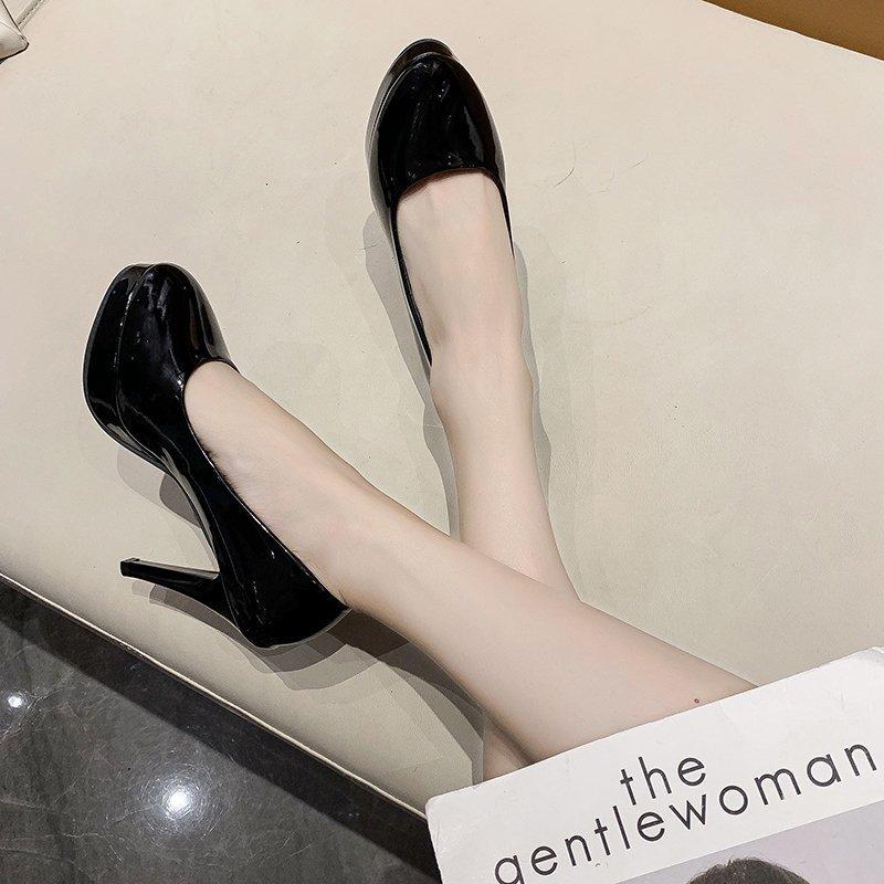 New Night Show Super High Heel Patent Leather Hate Sky High Deep Mouth Round Head Single Shoes Formal Professional Waterproof Table High Heels