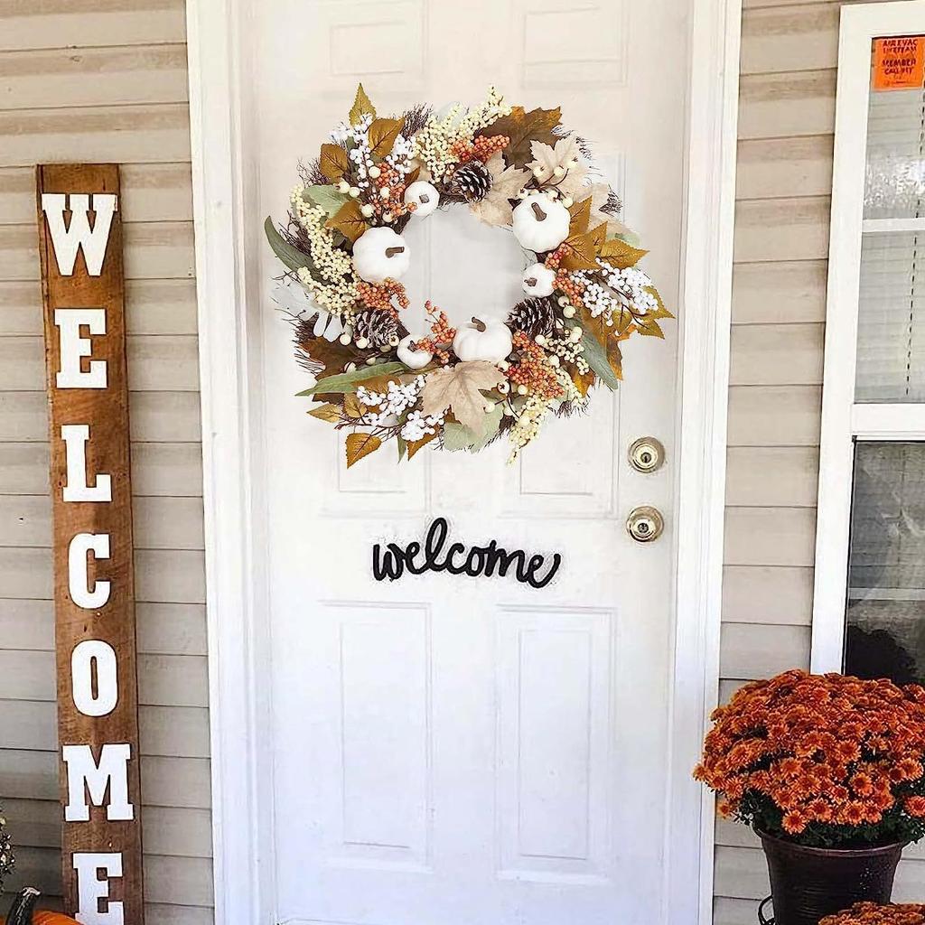 Autumn White Pumpkin Wreath Thanksgiving Decoration Maple Leaf Wreath For Front Door Hanging Indoor Outdoor Wall Home Decor 2025