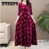 Women Vintage Gold Velvet Long Dress Female Long Sleeve Dress Ladies Elegant Pleated A-Line
