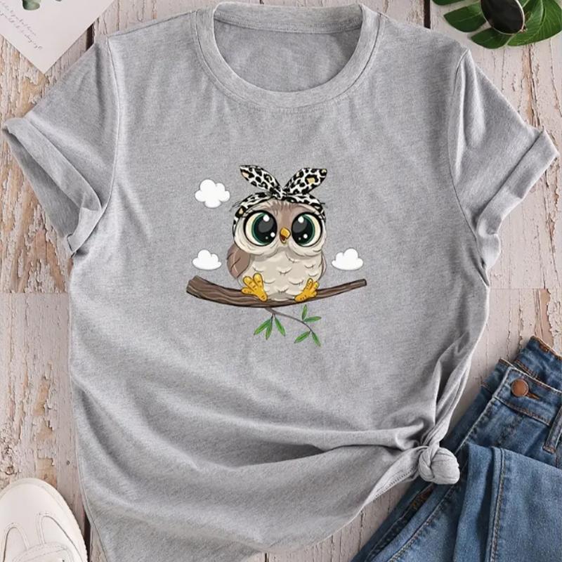 Модная женская футболка с принтом совы в виде кавайной мультипликационной совы, забавная повседневная футболка с круглым вырезом и короткими рукавами, летняя женская футболка