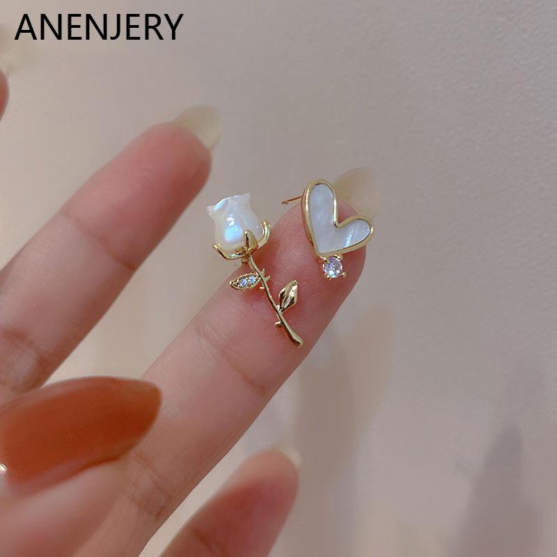 ANENJERY Асимметричные серьги-гвоздики из ракушки с цирконом в виде сердца и розы, французские нежные женские серьги aretes de mujer