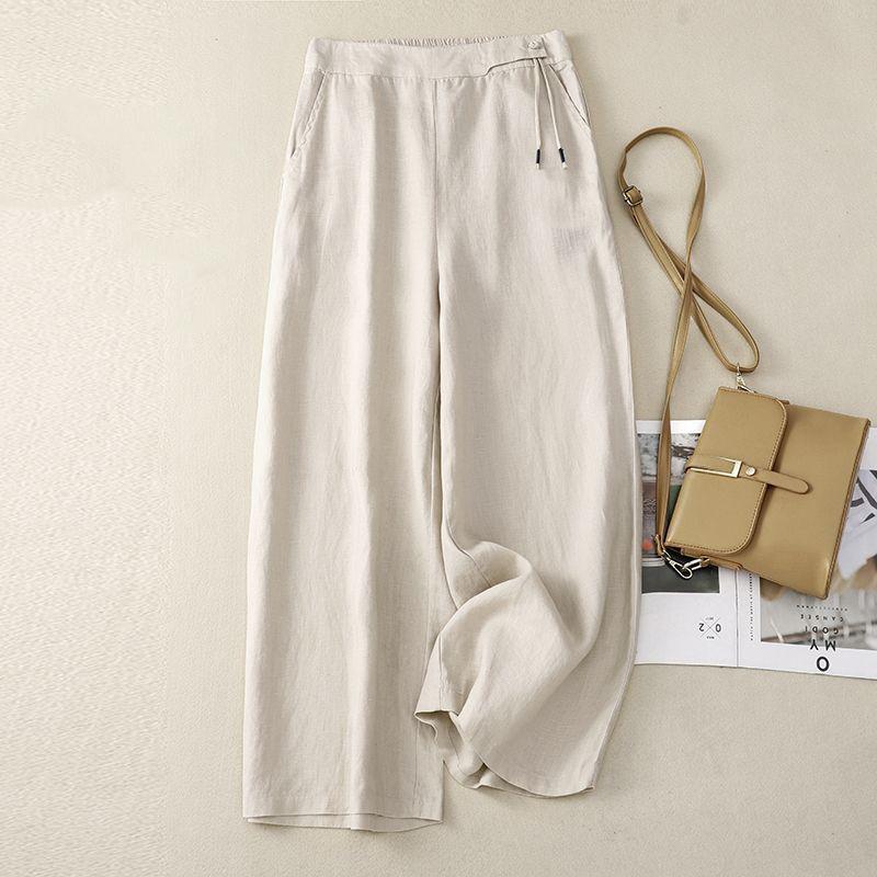 Повседневные брюки из хлопка с высокой талией, ретро-художественные летние широкие брюки, женские эластичные свободные прямые женские брюки