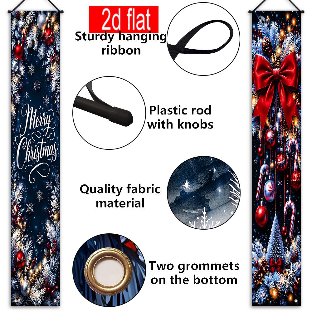 2pcs Christmas Candy Cane Pine Branch Bilingual Door Banner Red