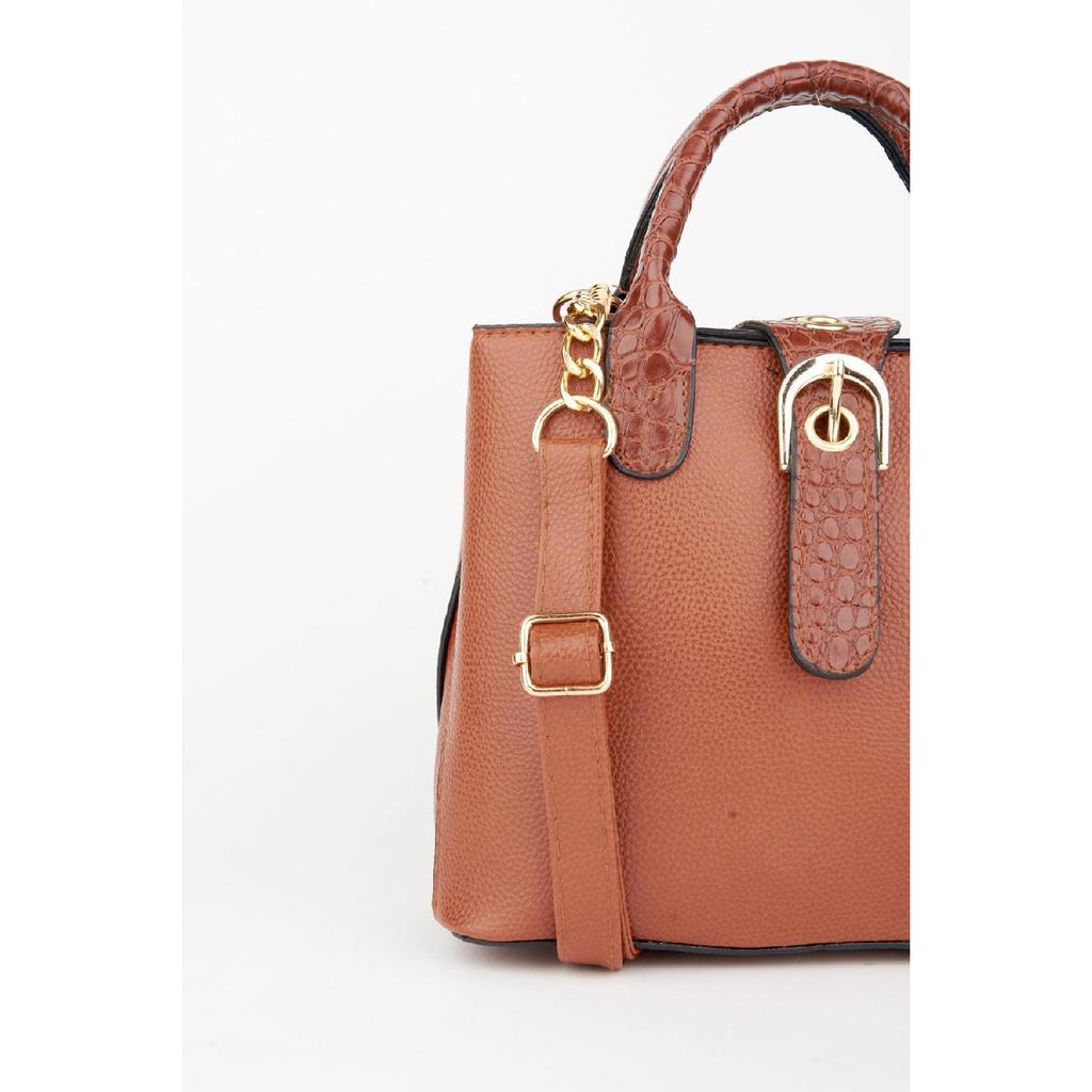 Women's Black Faux Leather Croco Patterned Strap Snap Fastener Zipper Closure Hand And Shoulder Bag