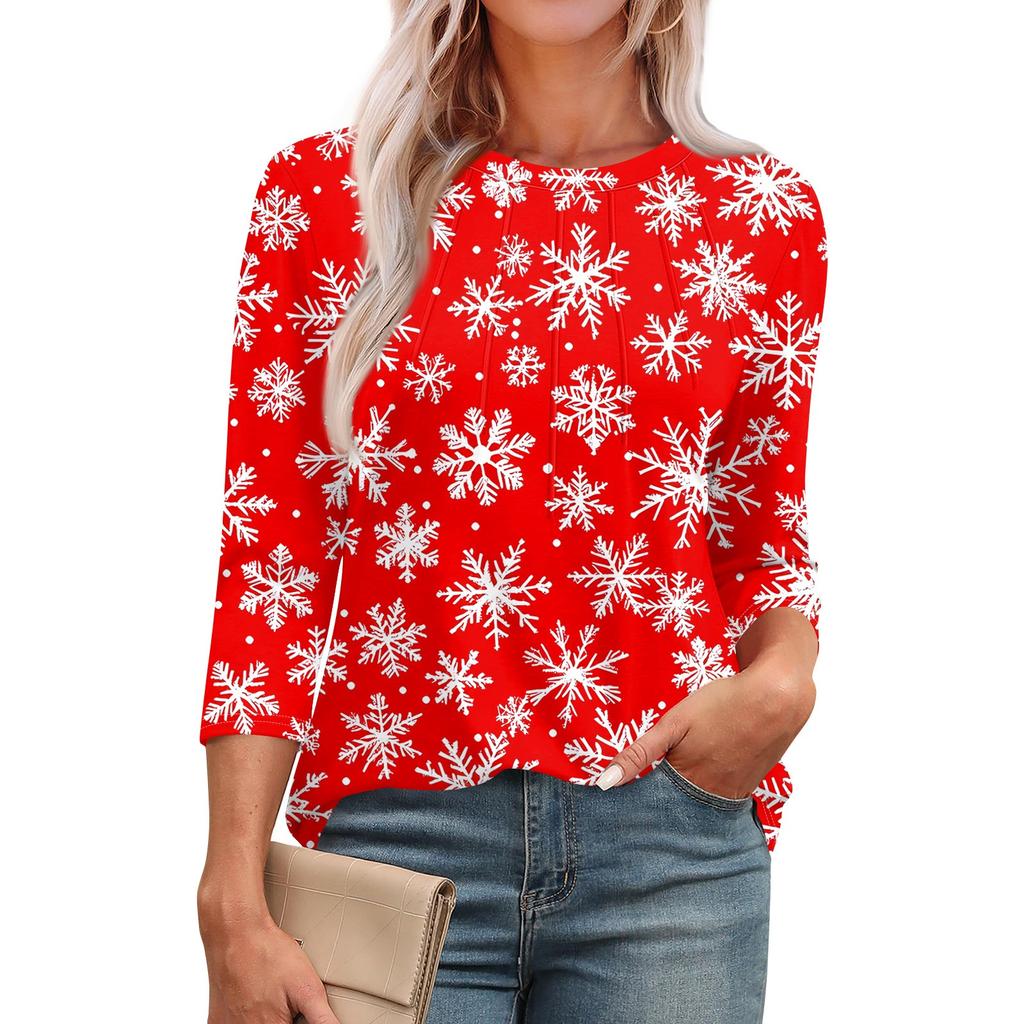 Women's Fashionable Round Neck 3/4 Sleeve Christmas Prints Casual Basic Pleated Pullover T-shirt Top