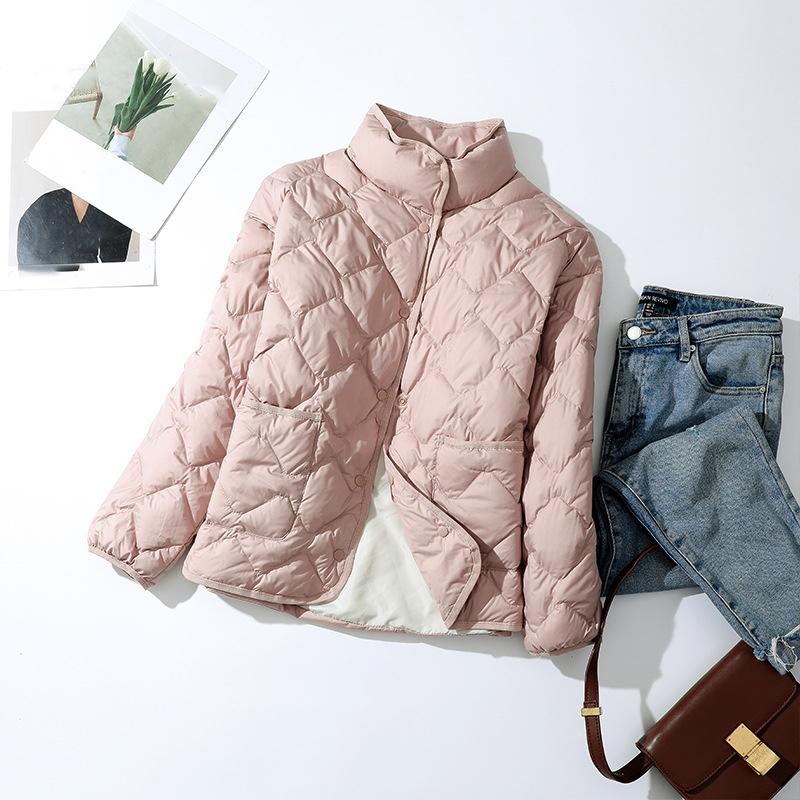 Women Ultralight Down Jacket Autumn Winter Outwear Casual Argyle Stand Collar Simple Coat Korean Style