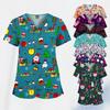 Women Working Uniform Cartoon Animal Print Short Sleeve V-neck T-shirt Tops Femme Blouse Nurse Work Wear Size XXS-6XL