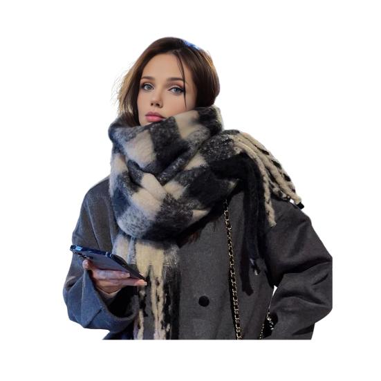 Winter Scarf Cashmere Feel Plush Scarf with Tassel Decoration Thickened Warm Plaid Pattern Winter