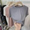 Women's European-Style Ribbed Short Sleeve T-Shirt - Slimming Solid Color Summer 2024 Fashion