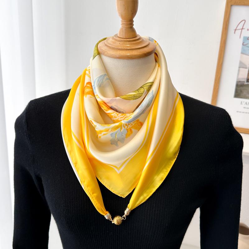 Magnetic Buckle Silk Neck Scarf: Triangle Design for Women, 70x70cm, Lightweight Spring/Summer/Autumn Accessory