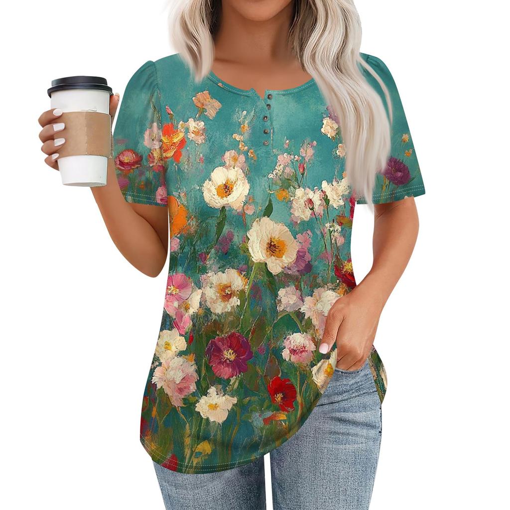 Women's Fashionable Casual Short Sleeve Button Floral Print Round Neck Pullover Top