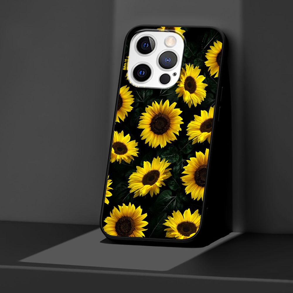Summer Daisy Sunflower Floral Flower Case for Apple iPhone 14 11 7 SE 2020 8 X XS 13 12 Mini XR 15 Pro Max Black Phone Cover