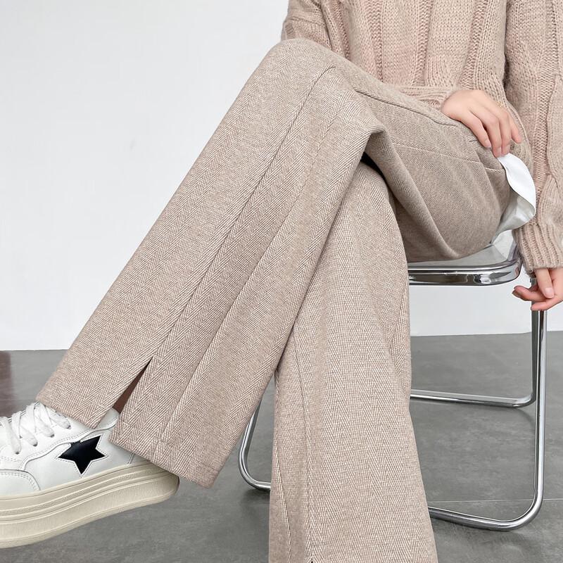 Женские повседневные брюки с высокой посадкой, широкими штанинами, разрезом, из смесовой шерстяной ткани в елочку