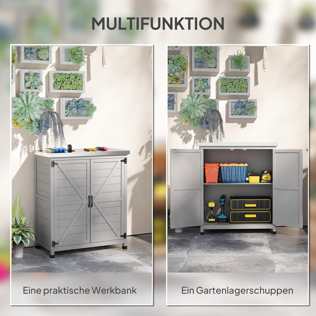 Garden Cabinet, Outdoor Cabinet with Worktop, Tool Cabinet, Solid Wood, Steel, 79W x 43D x 92H cm, Grey