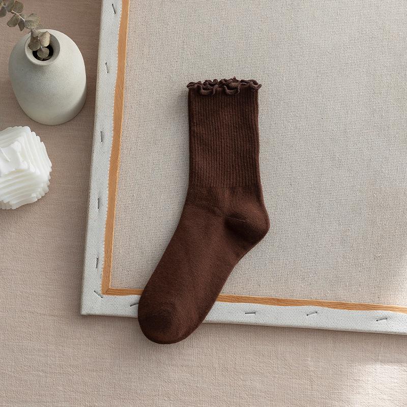 Женские носки средней длины из чистого хлопка с оборками по краю - черное кружево, японский стиль для всех сезонов