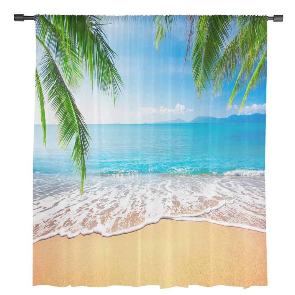 Sand Beach Waves Palm Trees Sheer Curtains for Living Room Decoration Tulle Voile Organza Window Curtains for Kitchen Bedroom
