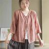 Однотонная вышитая рубашка в стиле три четверти с V-образным вырезом, женская осенняя модная однобортная свободная рубашка
