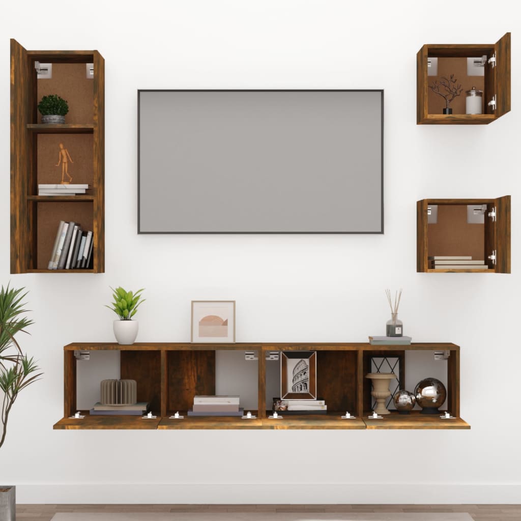 5 piece TV cabinet set smoked oak effect particleboard