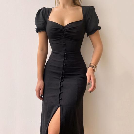 Платье женское летнее однотонное с пышными короткими рукавами, сборками, однобортное, с разрезом по подолу