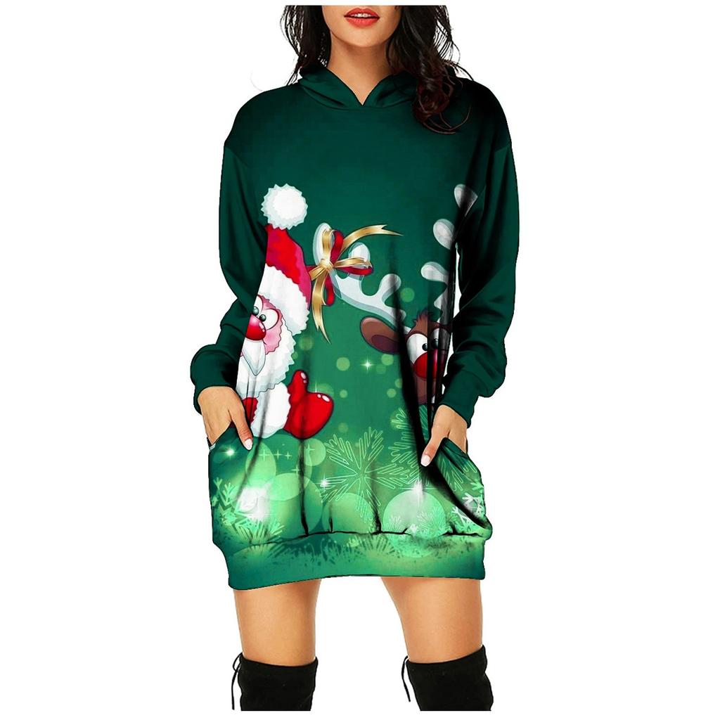 Women's  Fashion Christmas Printed Hooded Long Sleeve Mid-length Pockets Top