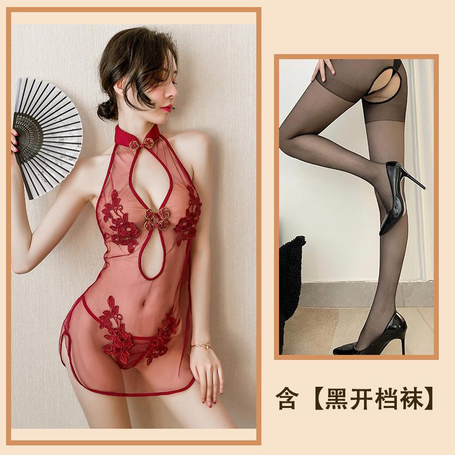 Sex lingerie sexy cheongsam women's transparent lace nightdress blood drops tease passion seduction suit