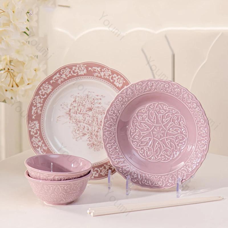 Высококачественные керамические тарелки во французском стиле, модные рельефные фиолетовые обеденные тарелки, бытовые суповые миски, миска для лапши рамен, посуда, столовые приборы