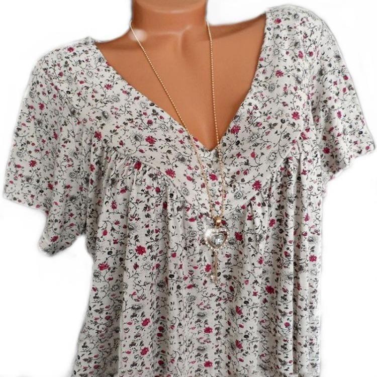 Summer Casual V Neck Printed T Shirt Loose Short Sleeve for Women Plus Size
