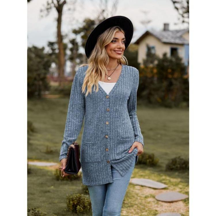 Women's Cardigan Sweater Long Sleeve Solid Color Striped Knit Autumn Winter Fashion