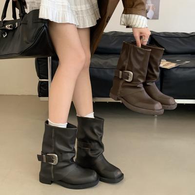 Осень-зима 2025 новые рыцарские сапоги модные женские сапоги низкий каблук короткие сапоги ботинки мартин квадратный носок толстый каблук универсальные