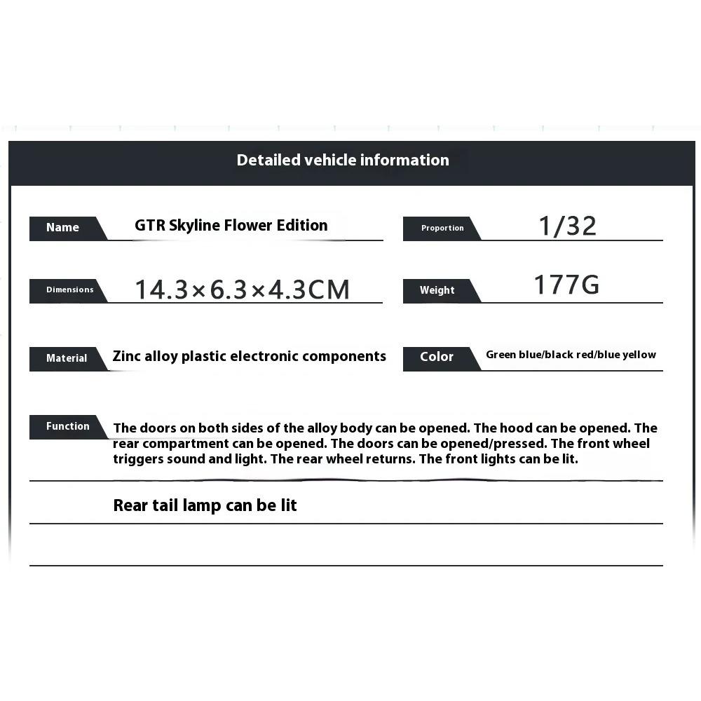 1/32 Scale Nissan GTR Skyline Alloy Car Model Wtih LED Lights and Sound Effects, Perfect Toy for Kids, Collectible Racing Car Display