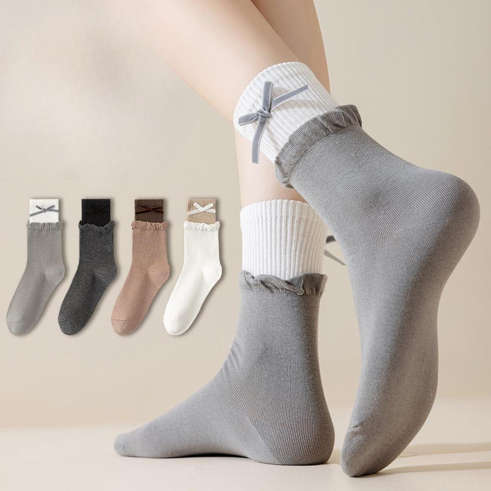 Female Spring and Autumn Fashion Anti Bacterial Deodorant Bow Lovely Sweet All Build Pile Pile Socks