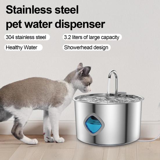 Cat Water Fountain 3.2L/108oz Purify Water Fountain Stainless Steel Drinking Fountain with Silent Water Pump Healthy Living Water for Home Indoor Cats