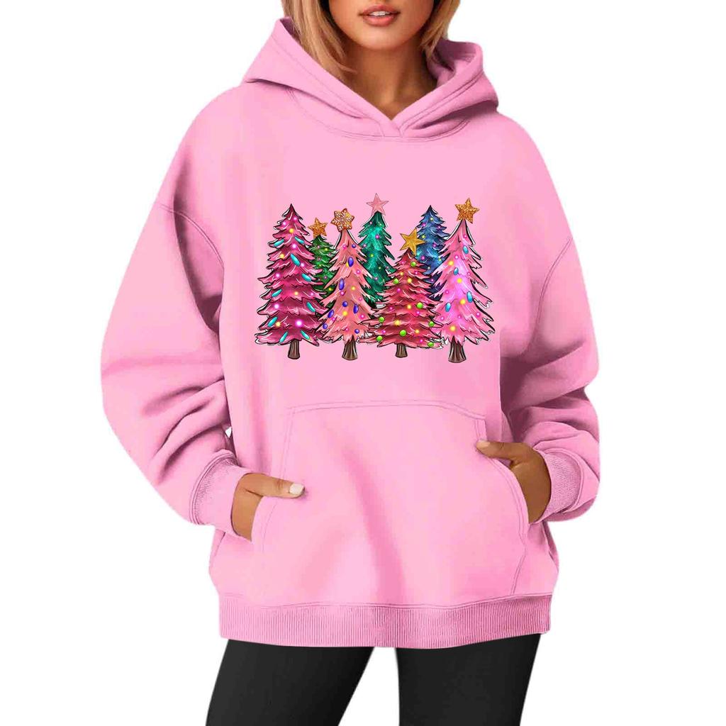 Women's Sweatshirts O-neck Long Sleeve Christmas Printed Top Solid Color Hoodie