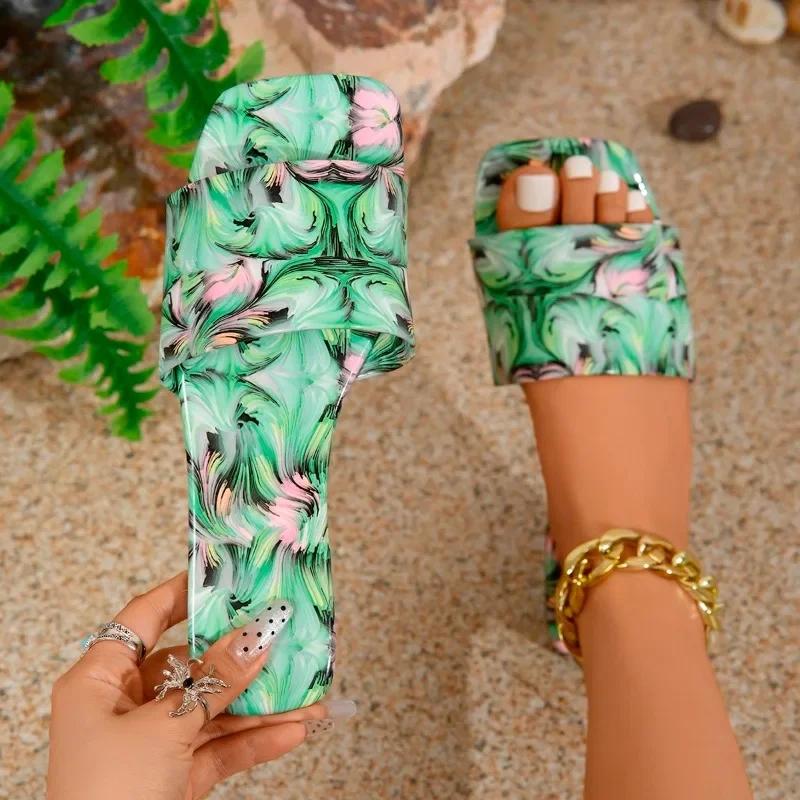 Модная женская обувь 2024 года, новые женские тапочки с открытым носком и квадратным носком, летние разноцветные повседневные пляжные тапочки на плоской подошве большого размера