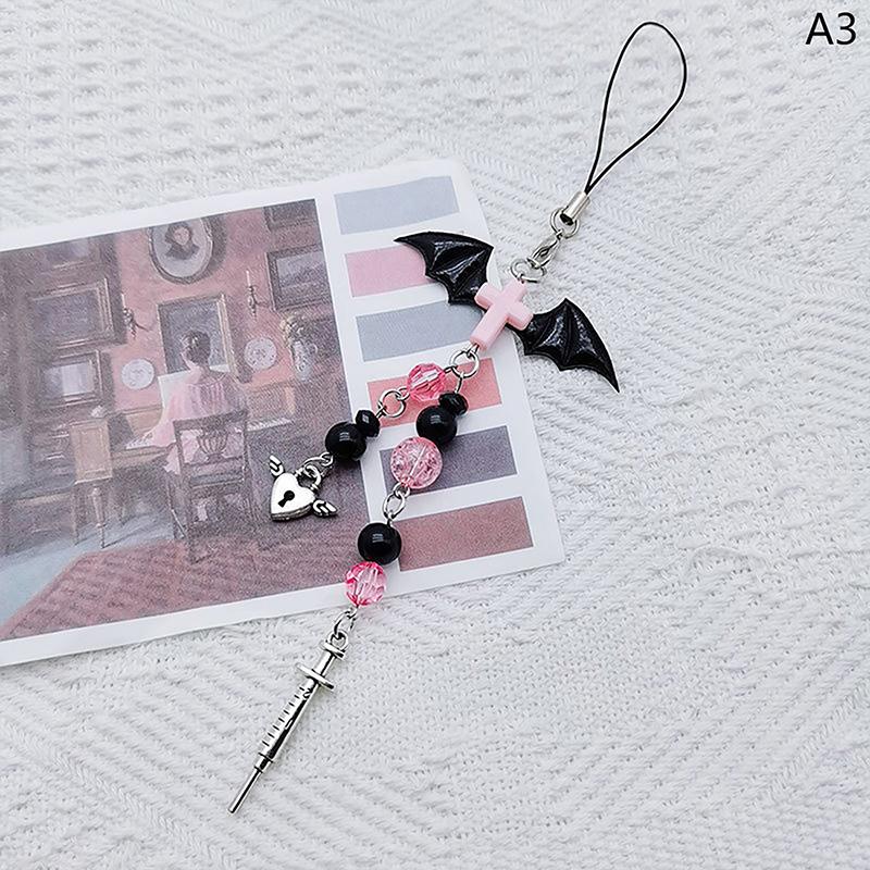 Black Punk Y2K Phone Pendant Chain Cool Girl Sweet Charm With Cross Butterfly Accessories For Phone Bag Lanyard Keychain