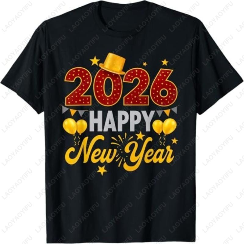 Вечеринка С Новым Годом 2026 Воздушный Шар Семейные Совпадающие Лучшие Футболки Популярная Праздничная Вечеринка Футболка Комфортный Хлопок Мужская Футболка с Коротким Рукавом