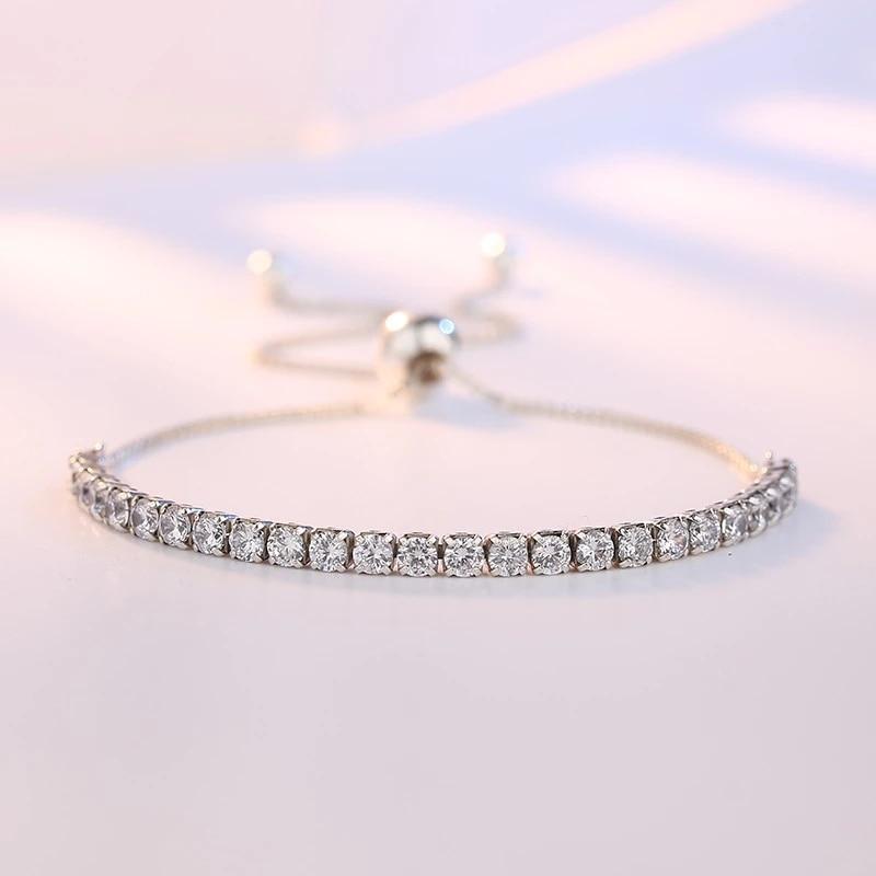 925 Sterling Silver Adjustable Box Chain Crystal Round Bead Charm Bracelet &Bangle For Women Wedding Jewelry