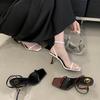 European and American Small Gold Bars Poplar Woods Square Head High Heel One-word Sandals Sexy Thin Heel Open-toed Women's Shoes Simple Cross Straps