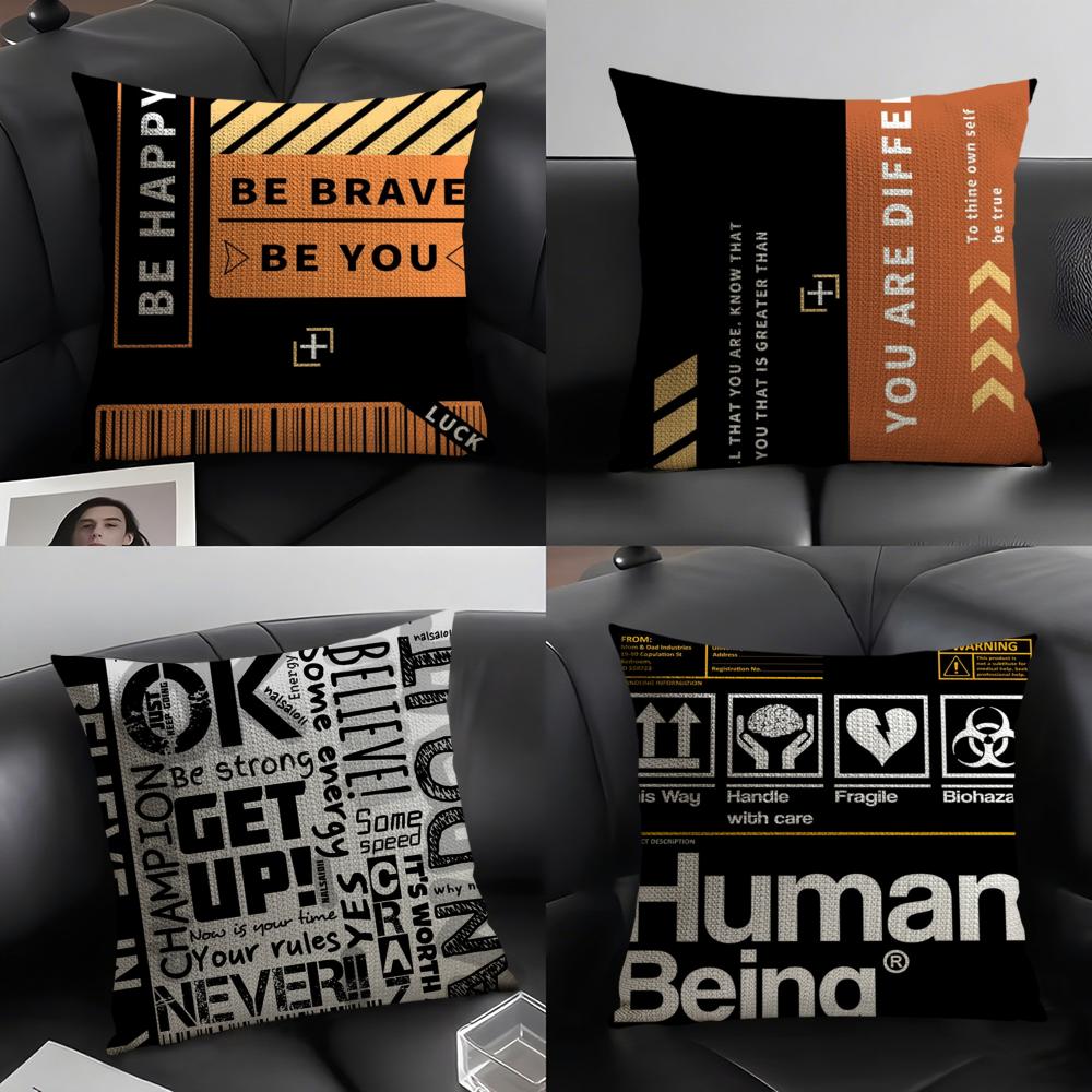 Be Happy and Good Luck Cushion Cover Natural Linen Organic Fabric DoubleSided Printing Sofa Home Decor Breathable