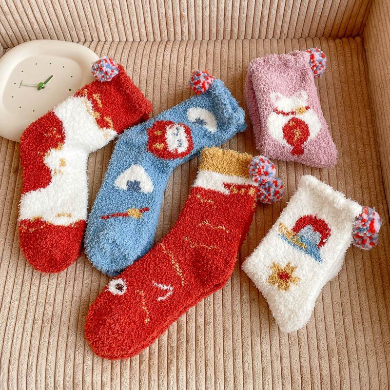 5/10 пар Удобные Повседневные Зимние Носки до середины икры из кораллового флиса Осенне-зимние Утепленные Теплые Домашние Носки для пола Японский стиль Мультяшные Носки для сна