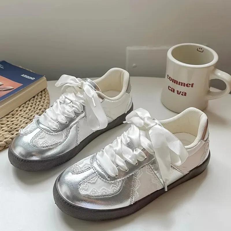 Women's Retro Lace-Up Sneakers Silver Pearl Casual Shoes Ballet Flats Platform Sneakers